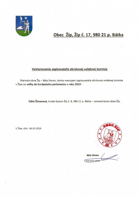 Vymenovanie zapisovateľa okrskovej volebnej komisie